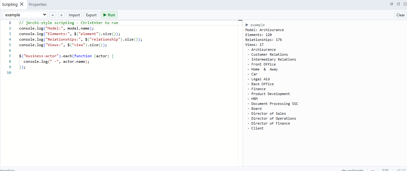 The scripting panel with the Monaco editor and console output