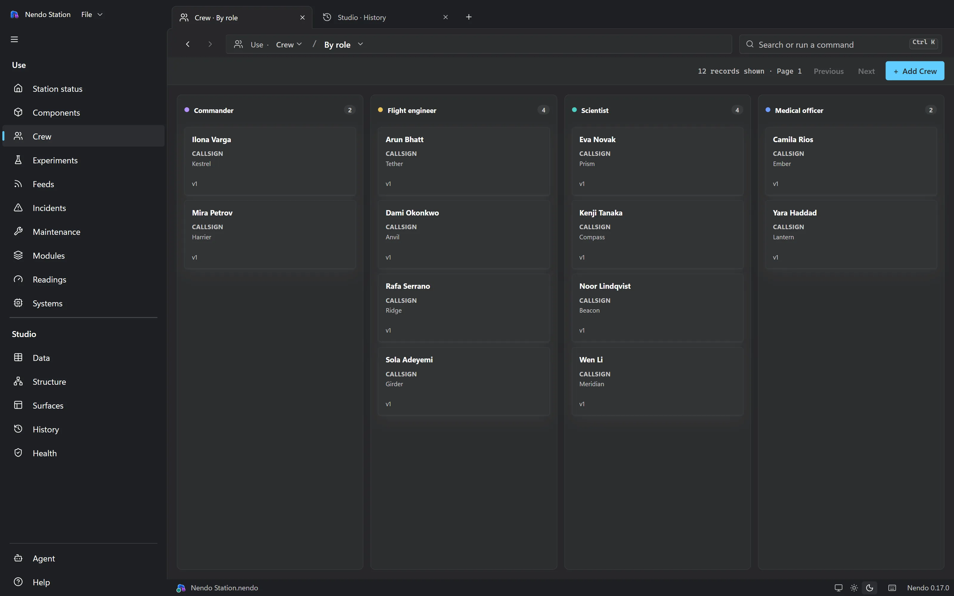 The new board: crew records in columns by role, with a count on each column