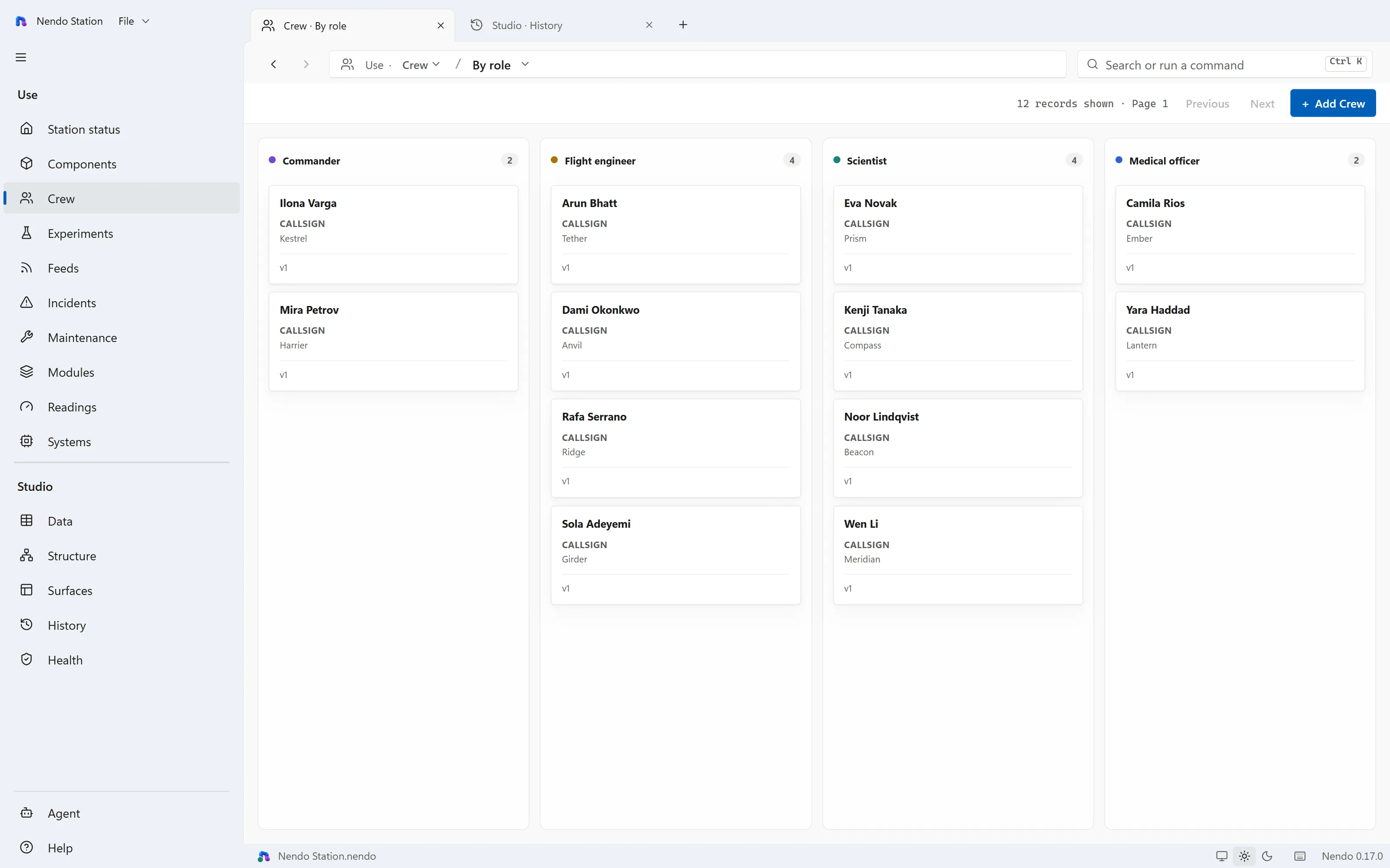 The new board: crew records in columns by role, with a count on each column