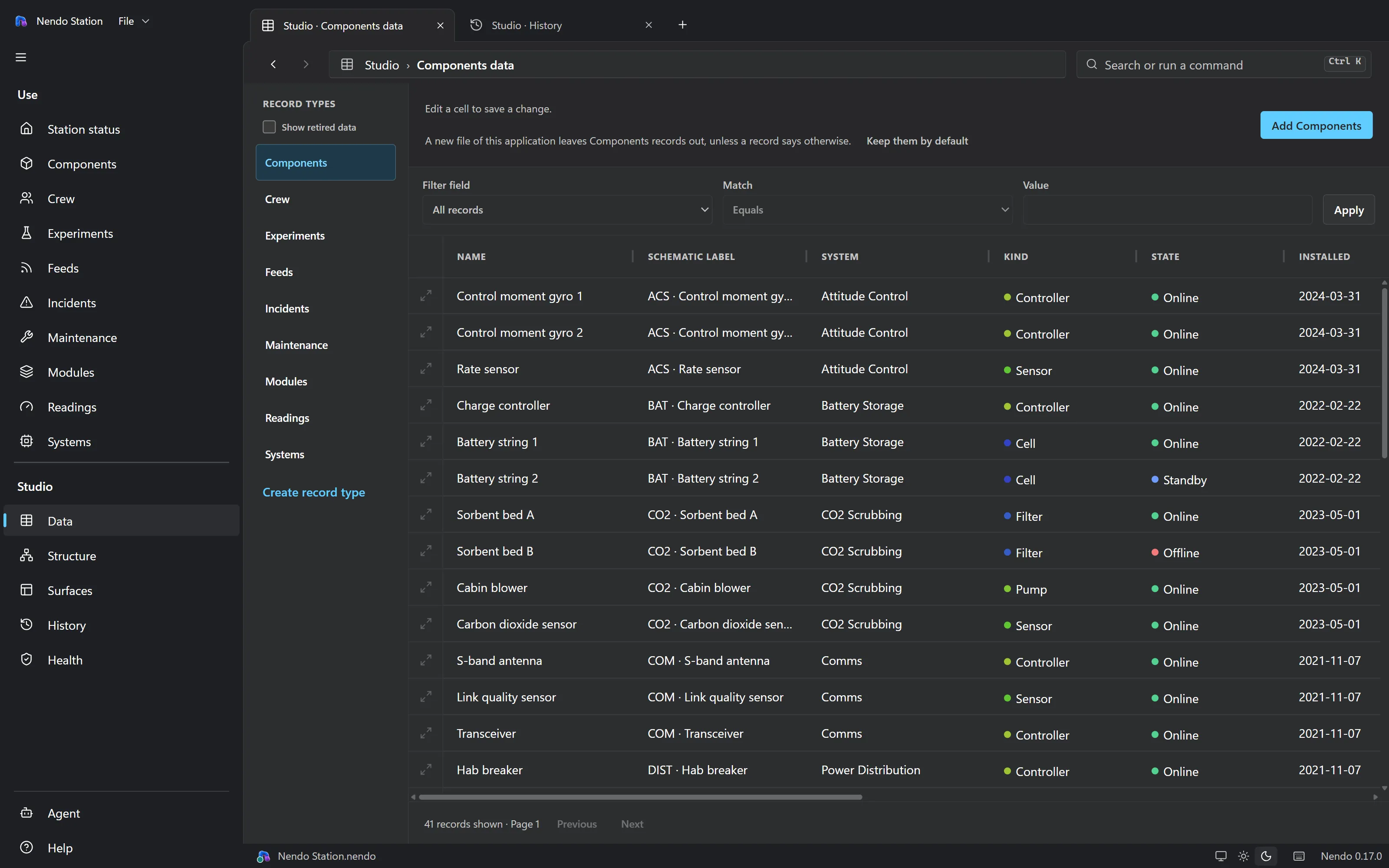 The Studio Data area showing the Components table with sort and filter controls