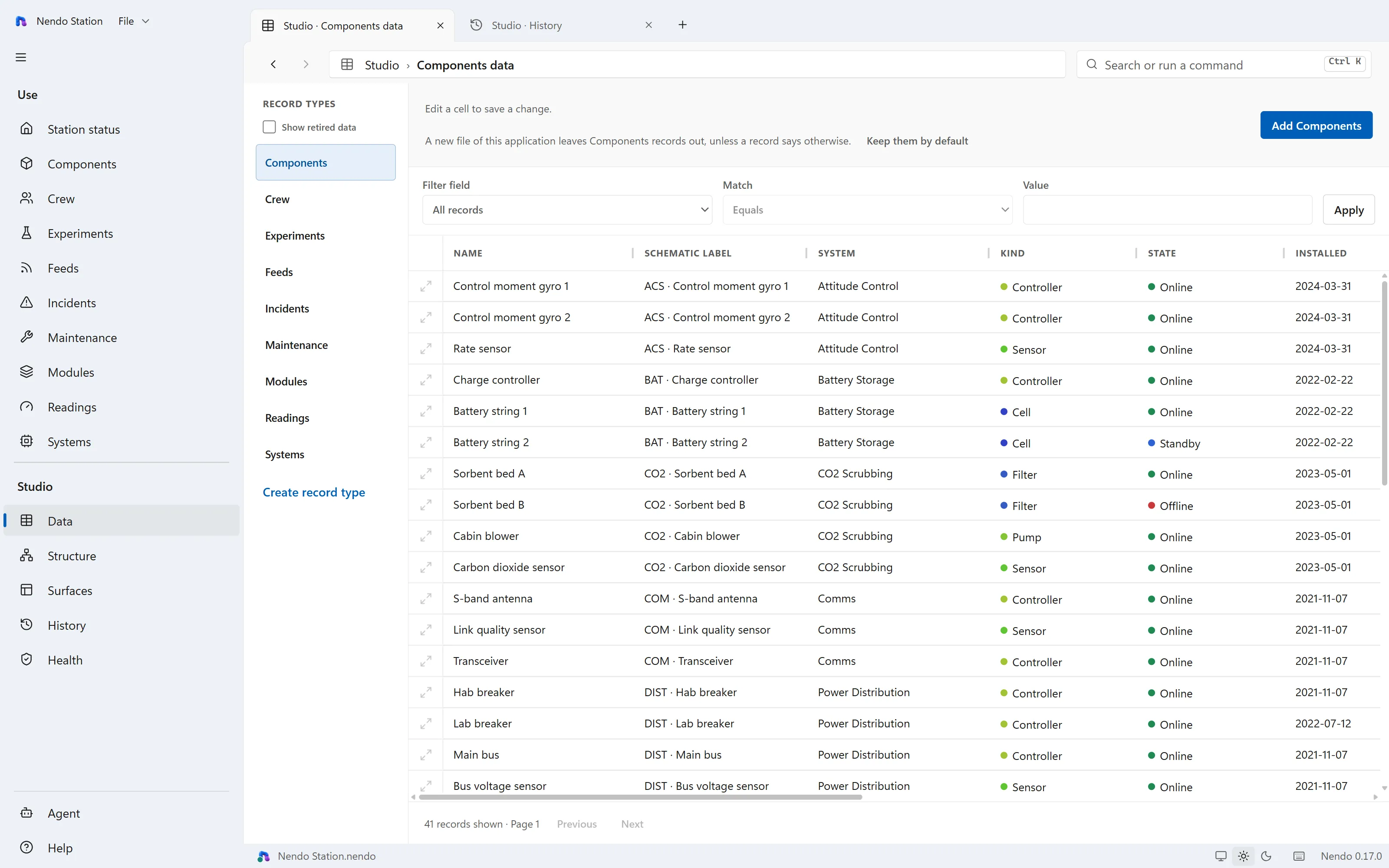 The Studio Data area showing the Components table with sort and filter controls
