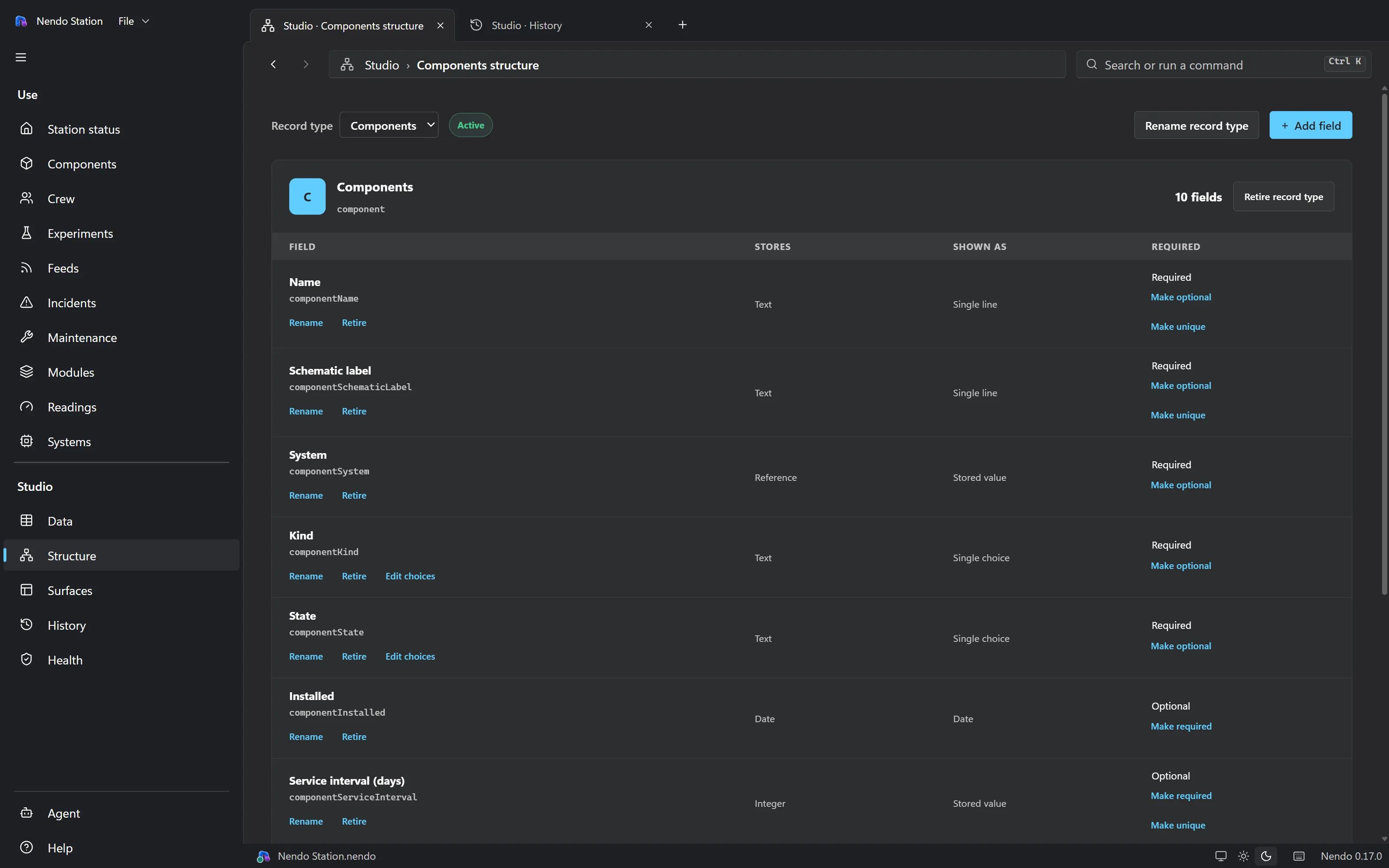 The Studio Structure area showing record types, their fields and relationships