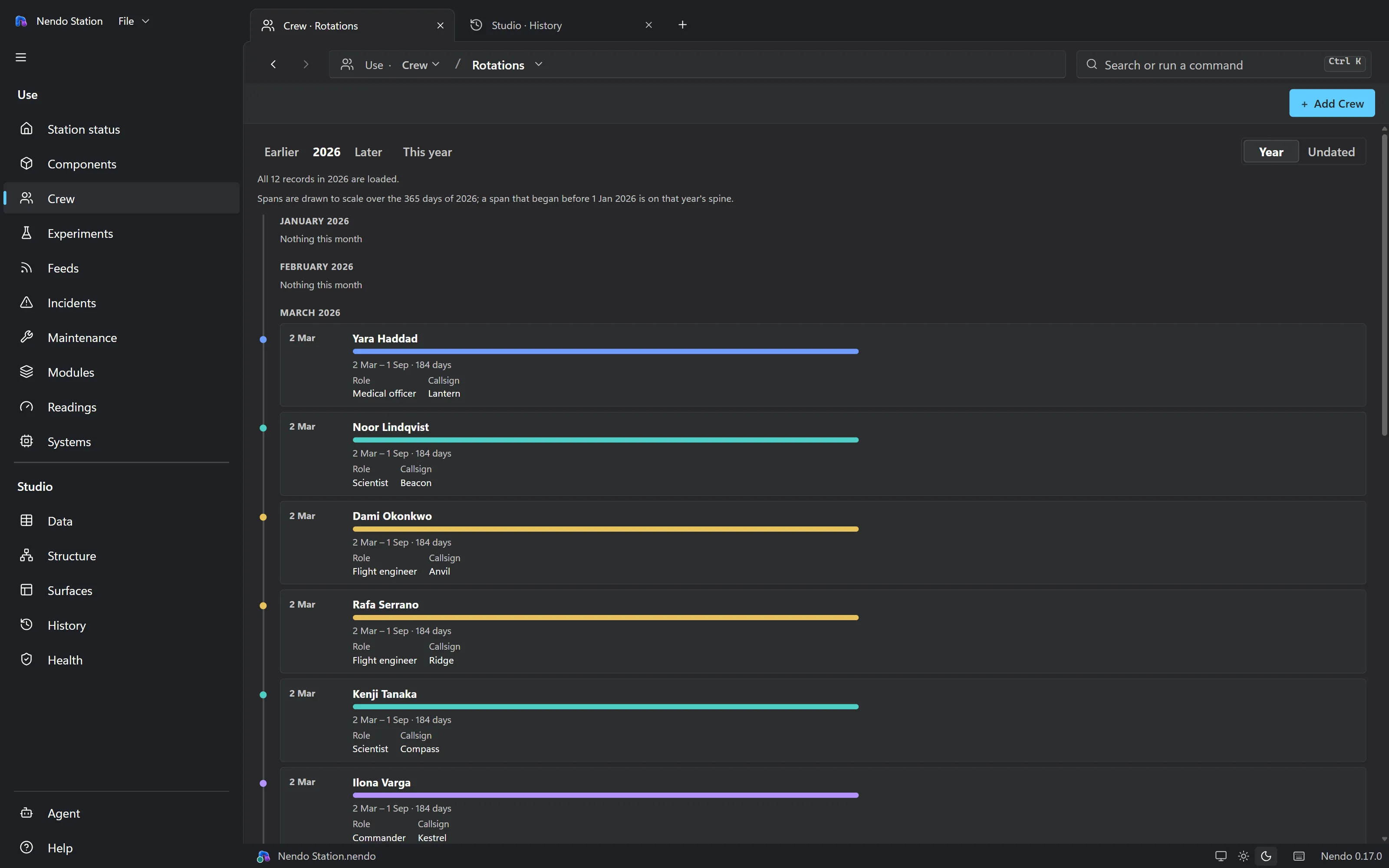 A timeline surface laying incidents along one civil year